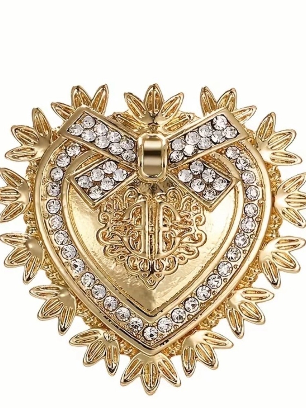 Gold Heart Brooch with Crystal Bow Accent and Filigree Detail